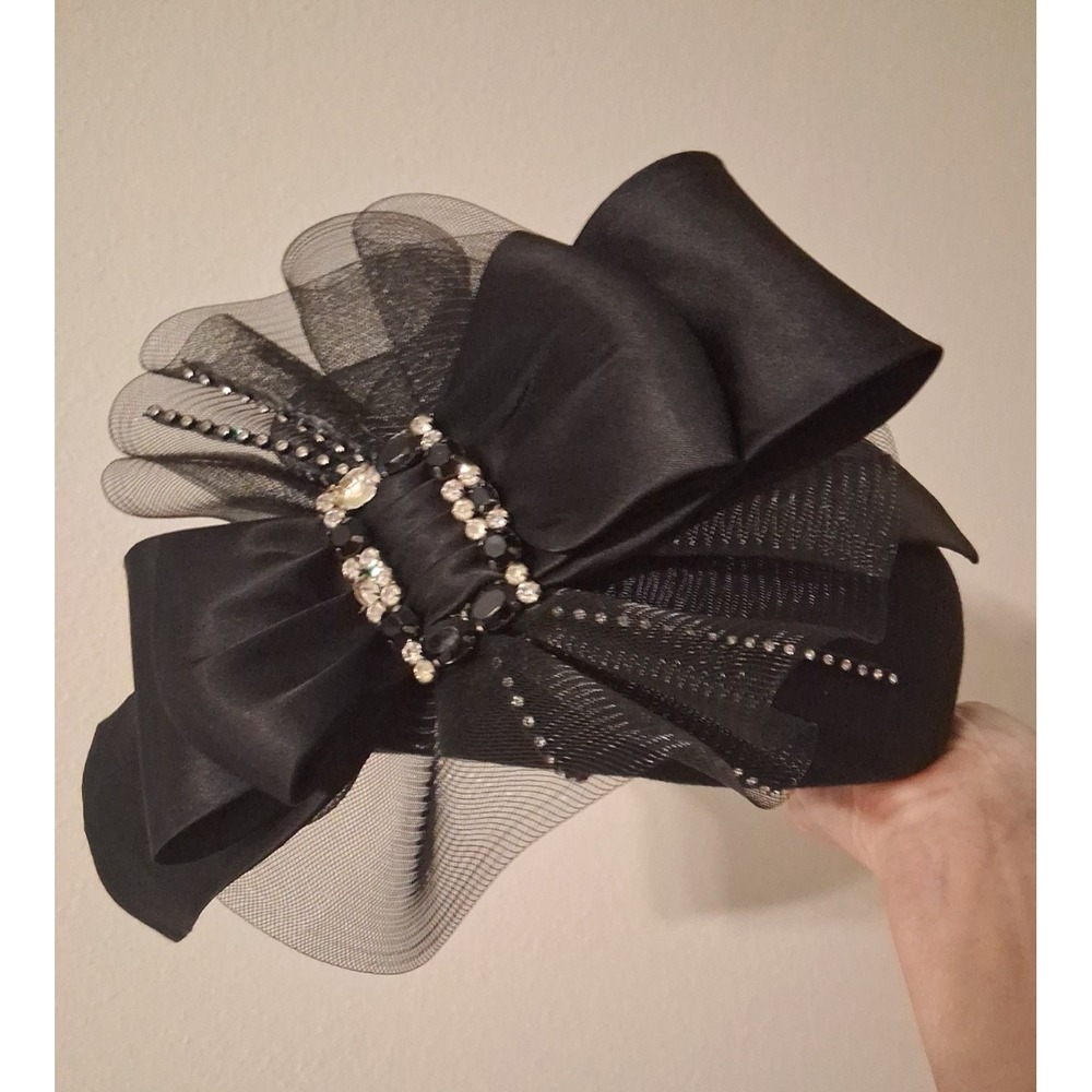 VTG Black Pillbox Hat Satin Bow Rhinestones Tulle Derby Church Fascinator